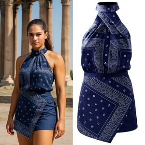 STYLESTALKER Blue Bandana Print Halter Neck Asymmetrical Mini Dress Size M‎